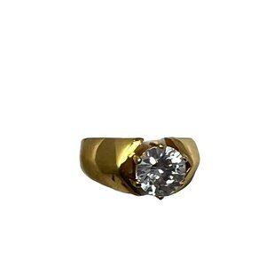 Gold Tone Band Ring Large Round Prong Set Clear Stone Wedding Engagement